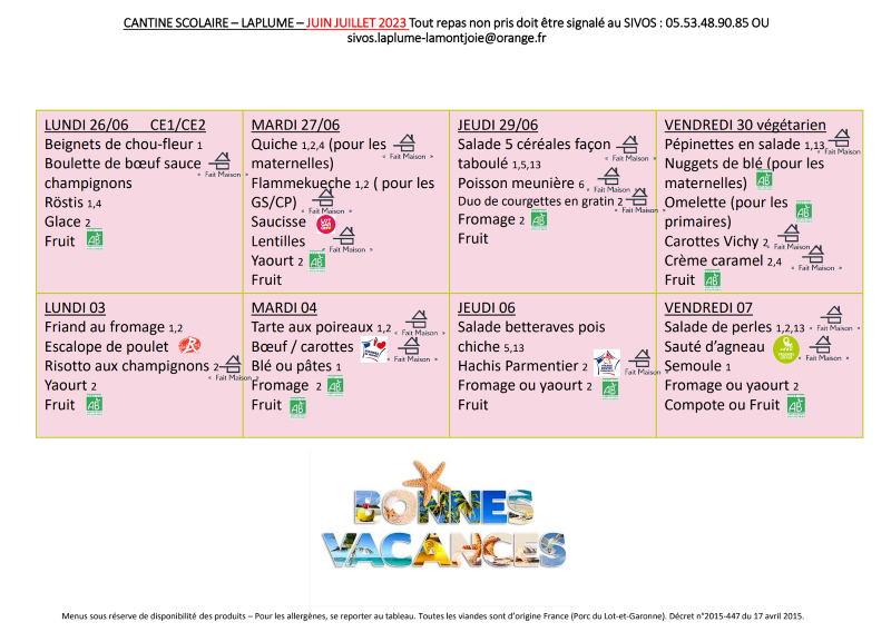 Menu de la cantine – juillet 2023