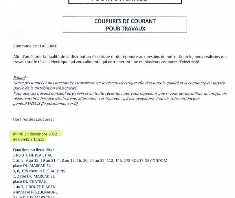 Coupure de courant pour travaux le mardi 20 décembre 2022
