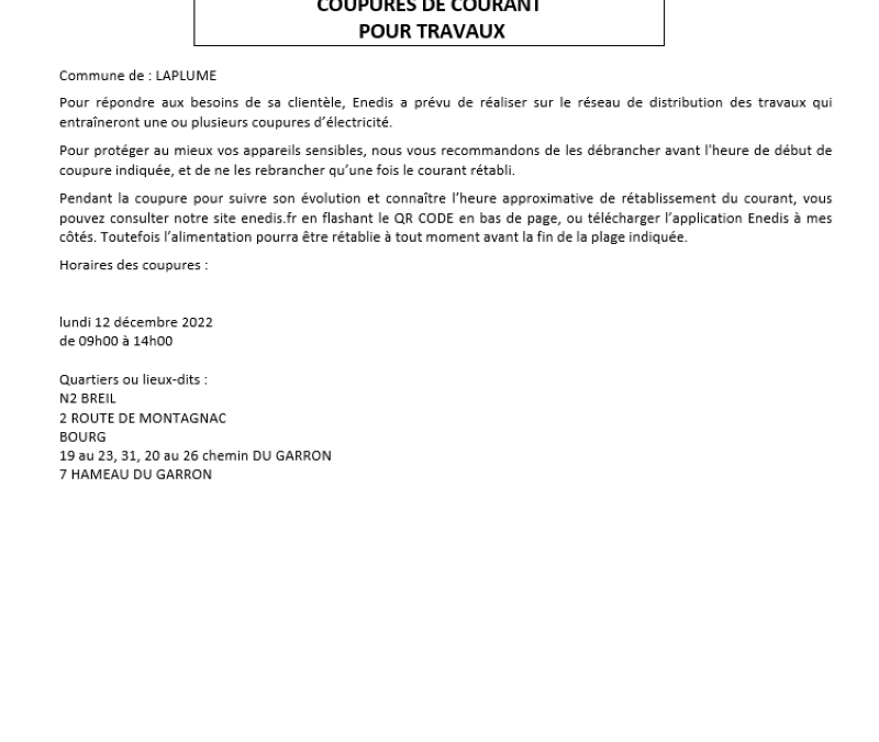 Coupure de courant pour travaux le lundi 12 décembre 2022