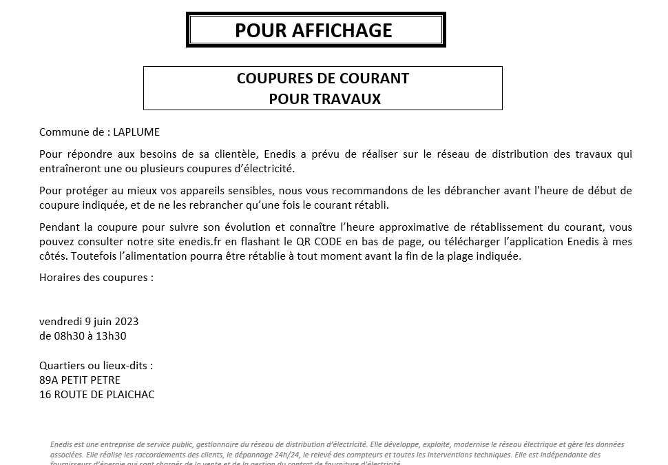 Coupure de courant pour travaux le vendredi 9 juin 2023